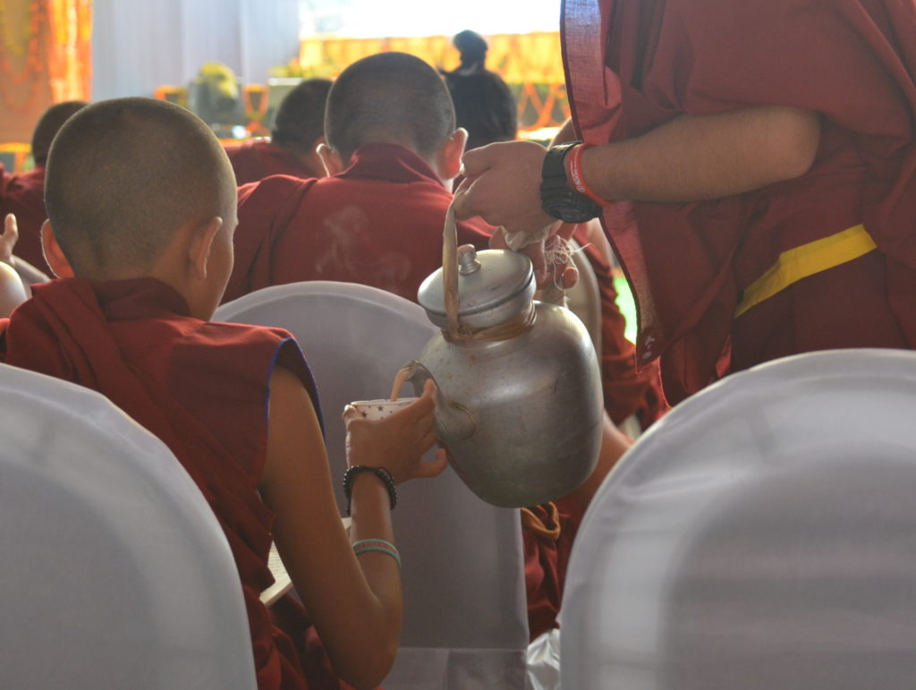 Tea is served during the breaks at all of the chanting ceremonies. We do ours in giant table top thermoses, this is the delightful way the Tibetan's do it.