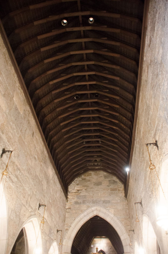 The interior wood ceiling