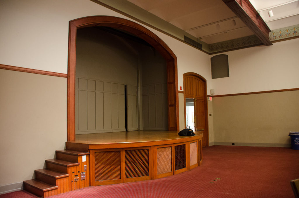 The lecture stage. Notice the steel beams next to the stenciled cornice. Michael J. said to me, what a nice combination of botany and beams.